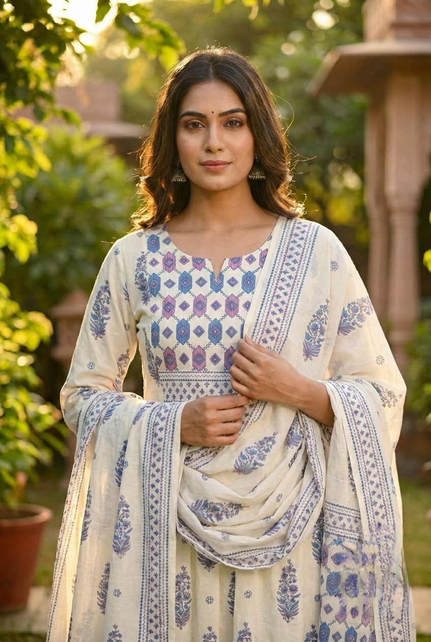 Neerus Blue cotton printed suit set - detail view 1