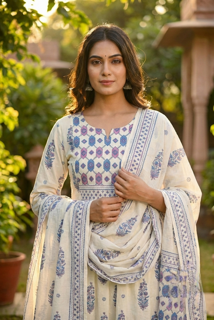 Neerus Blue cotton printed suit set - detail view 1
