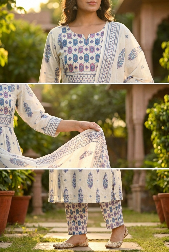 Neerus Blue cotton printed suit set - detail view 2