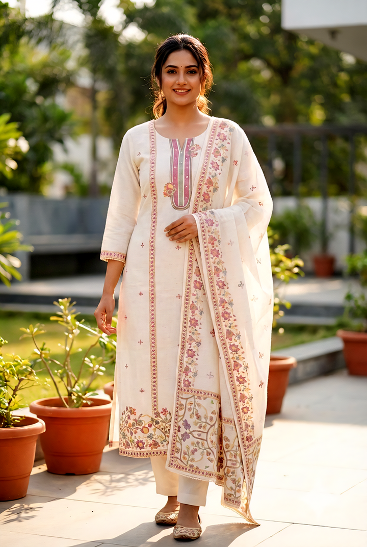 Neerus White linen printed suit set - front view