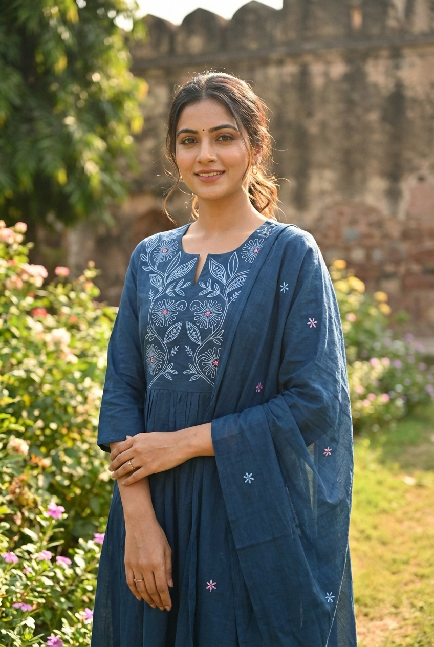 Neerus Green cotton hand embroidered suit set - side view
