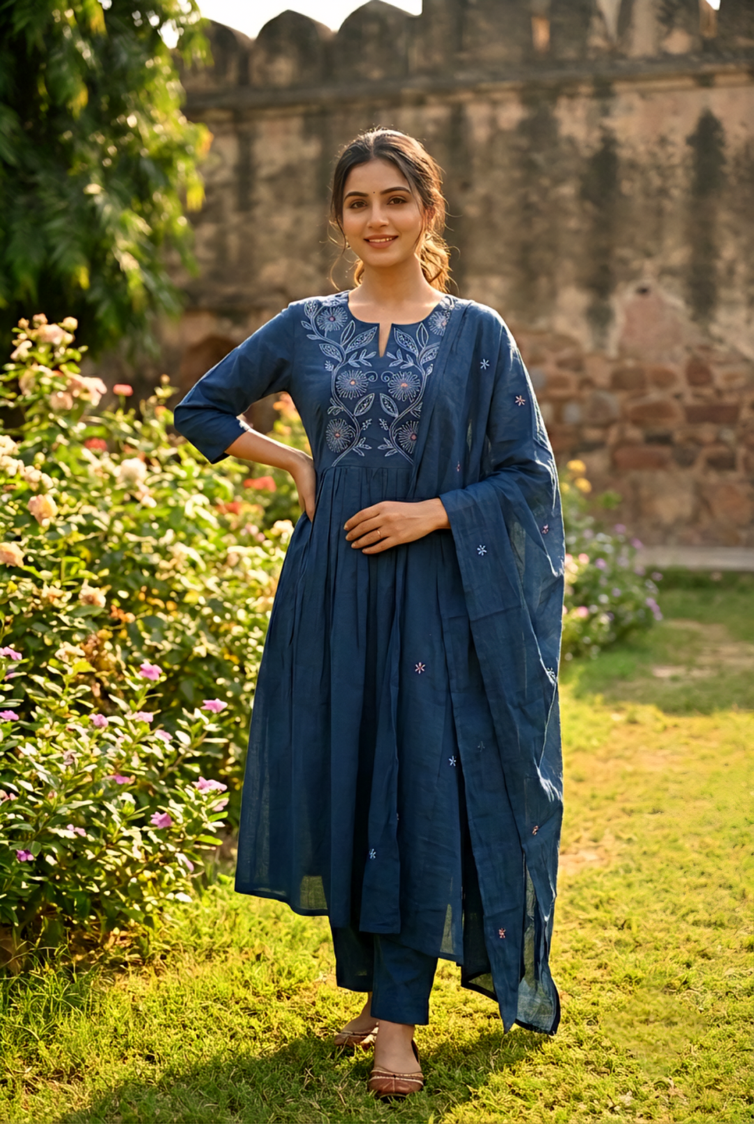 Neerus Green cotton hand embroidered suit set - front view