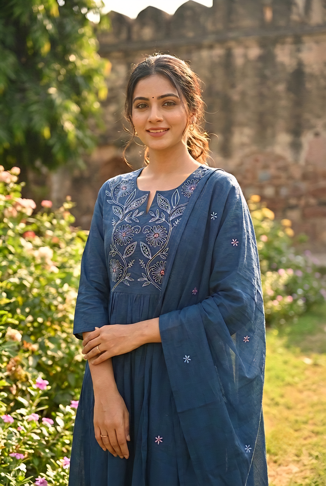 Neerus Green cotton hand embroidered suit set - detail view 3