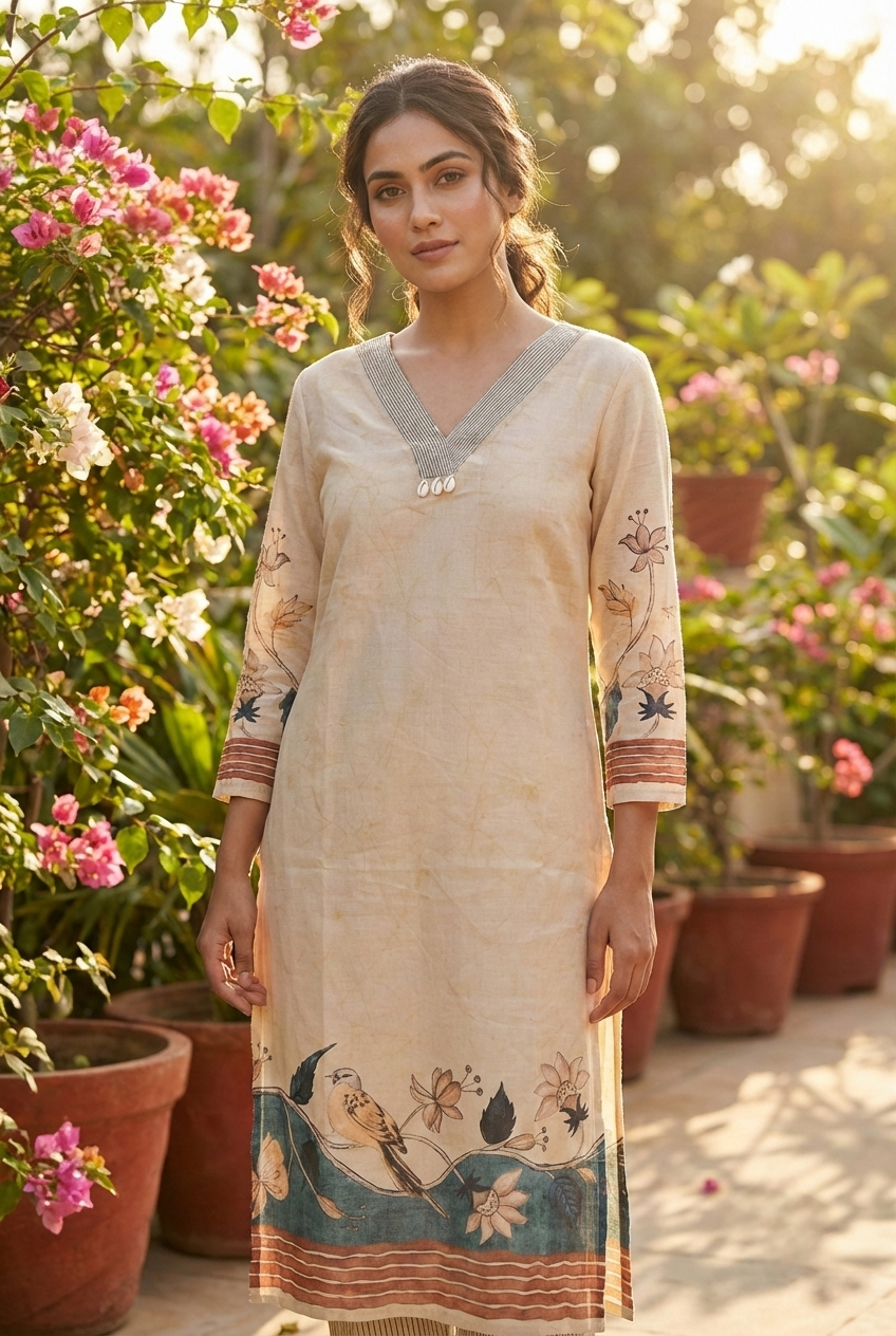 Neerus Beige linen digital printed kurti - front view