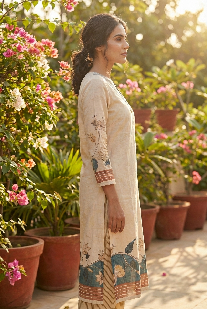 Neerus Beige linen digital printed kurti - back view