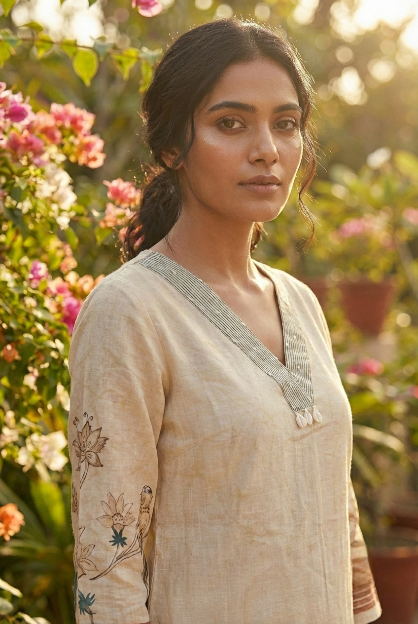 Neerus Beige linen digital printed kurti - detail view 1
