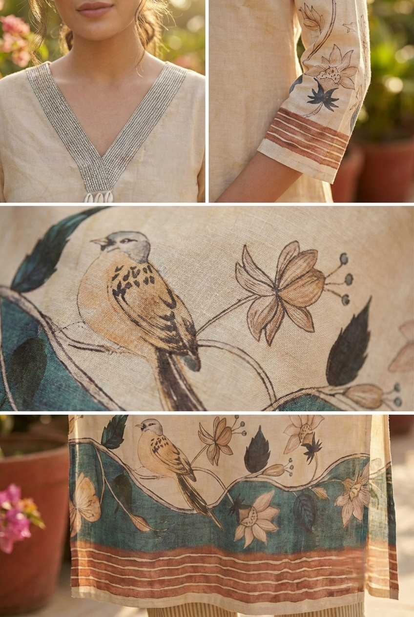 Neerus Beige linen digital printed kurti - detail view 2
