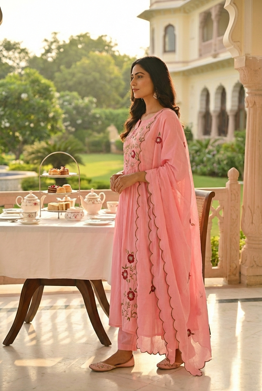 Neerus Pink cotton hand embroidered suit set - back view
