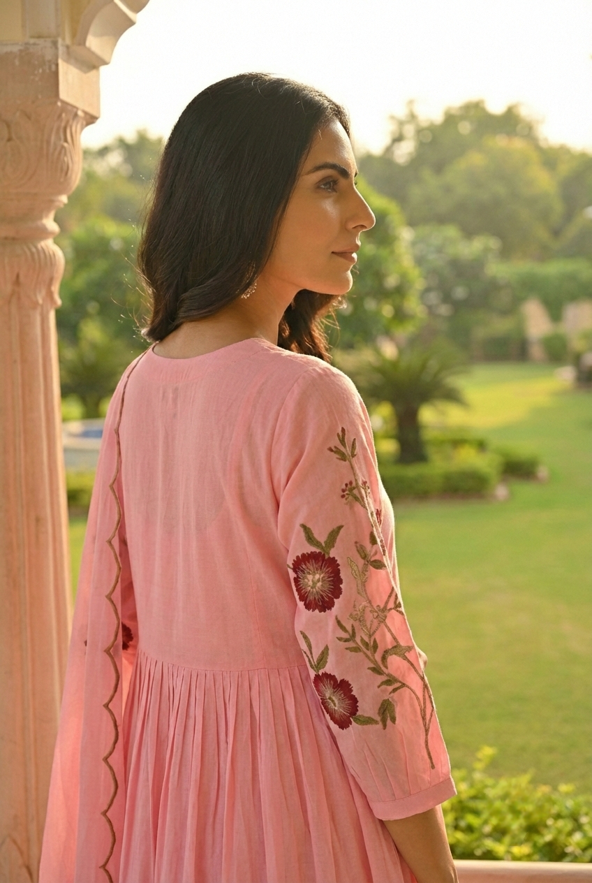 Neerus Pink cotton hand embroidered suit set - detail view 1