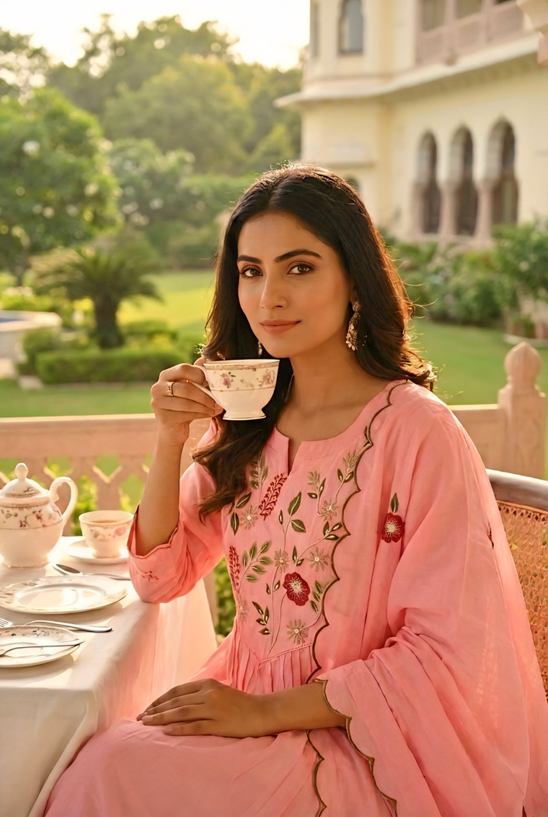 Neerus Pink cotton hand embroidered suit set - detail view 2