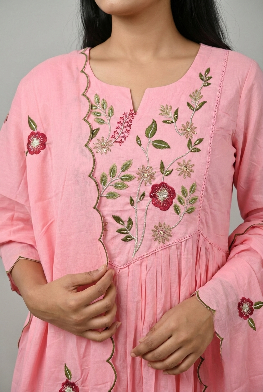 Neerus Pink cotton hand embroidered suit set - detail view 3
