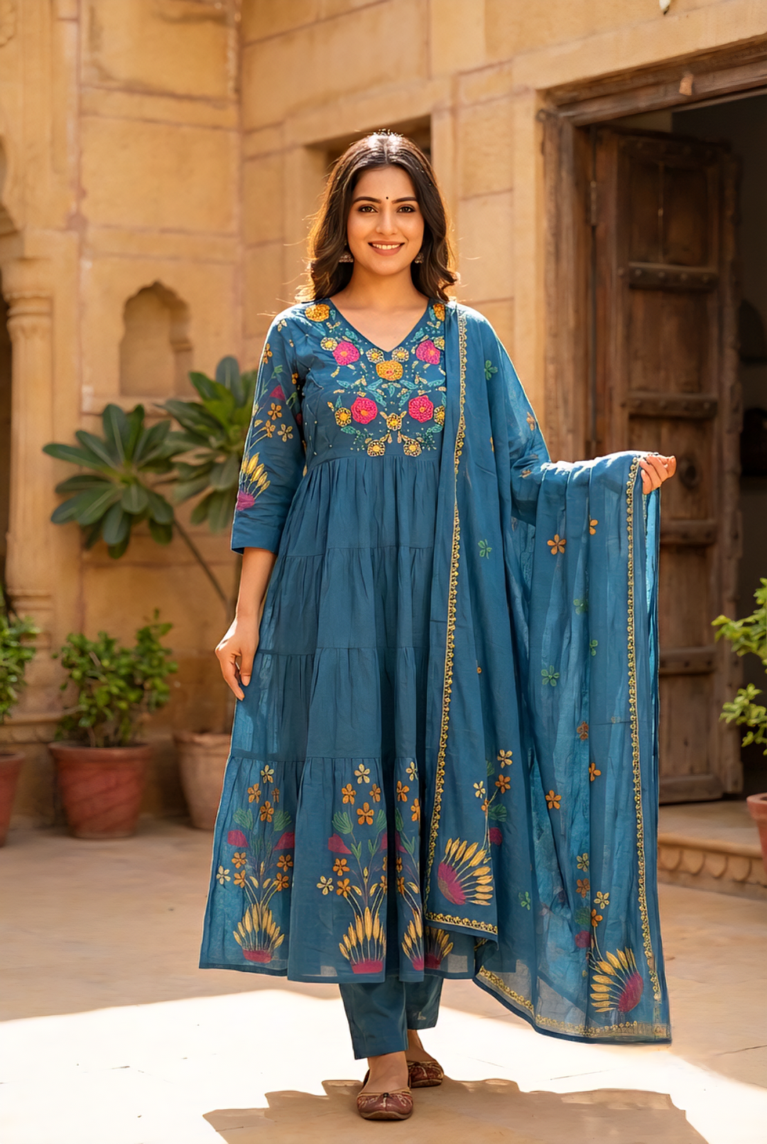 Neerus Green cotton hand embroidered suit set - front view