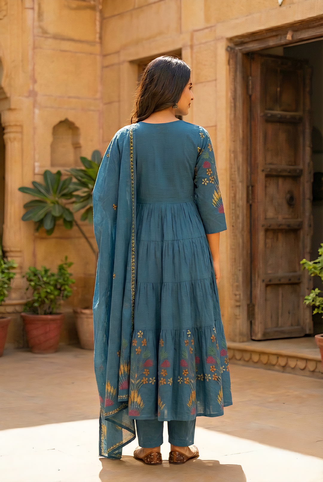 Neerus Green cotton hand embroidered suit set - back view