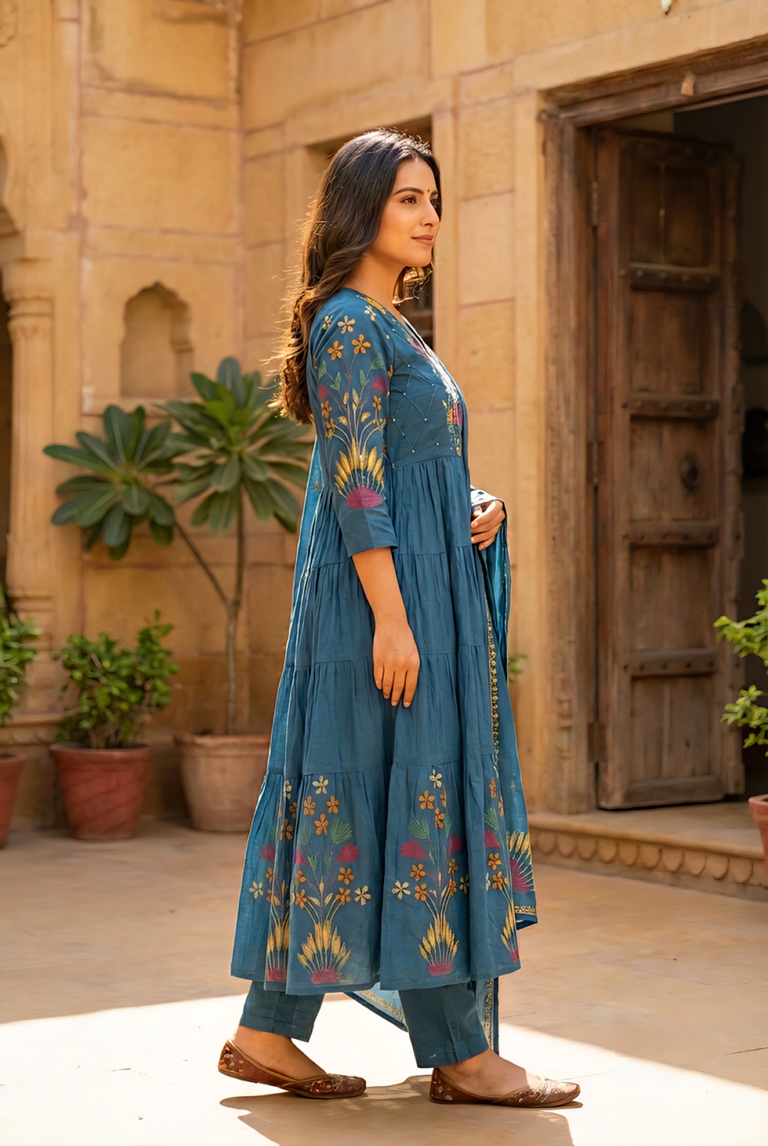 Neerus Green cotton hand embroidered suit set - side view