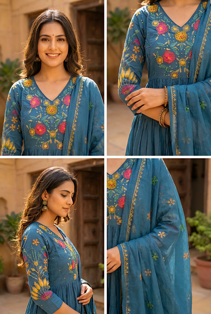 Neerus Green cotton hand embroidered suit set - detail view 2