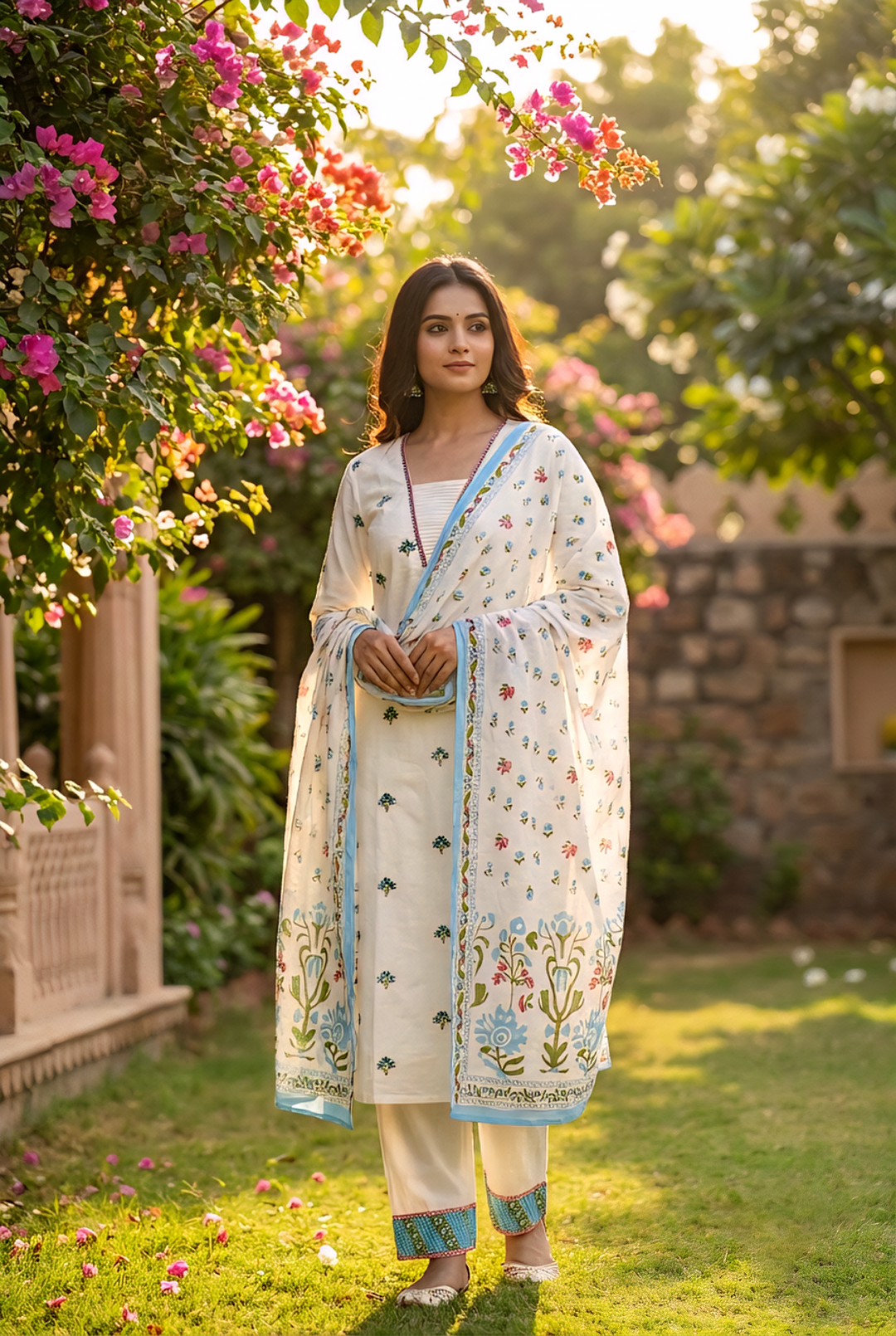 Neerus White cotton printed suit set - front view