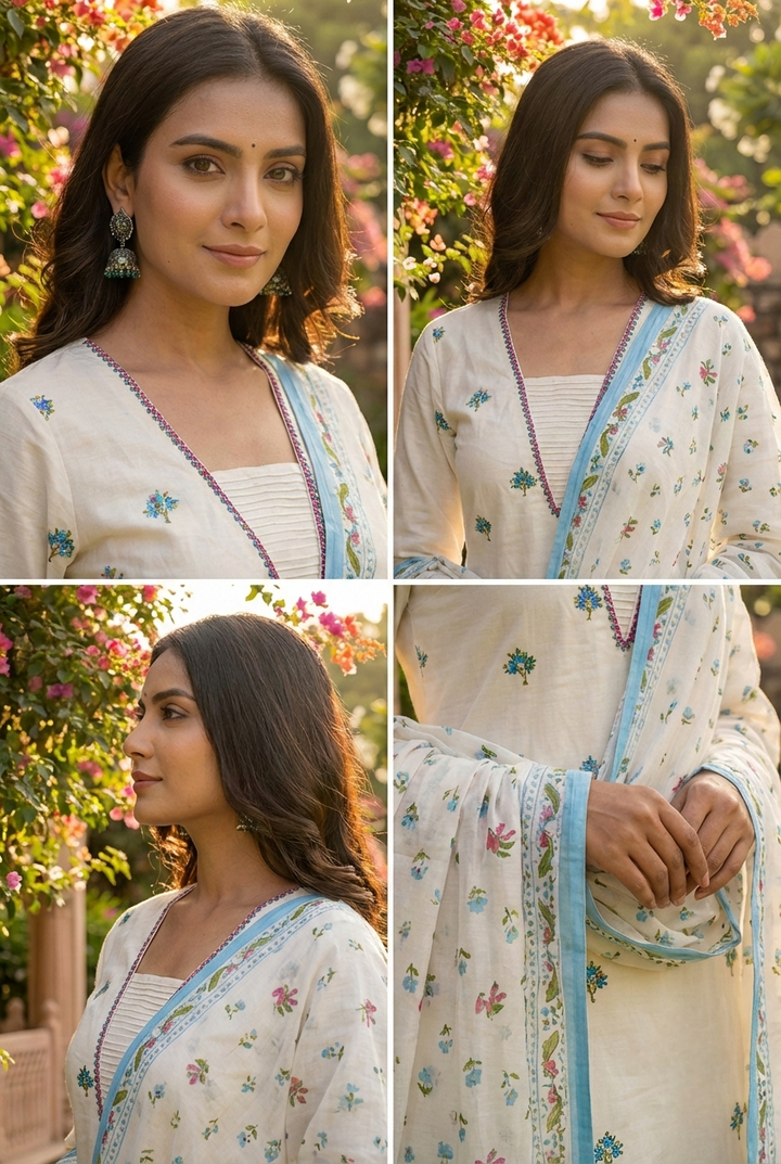 Neerus White cotton printed suit set - detail view 3