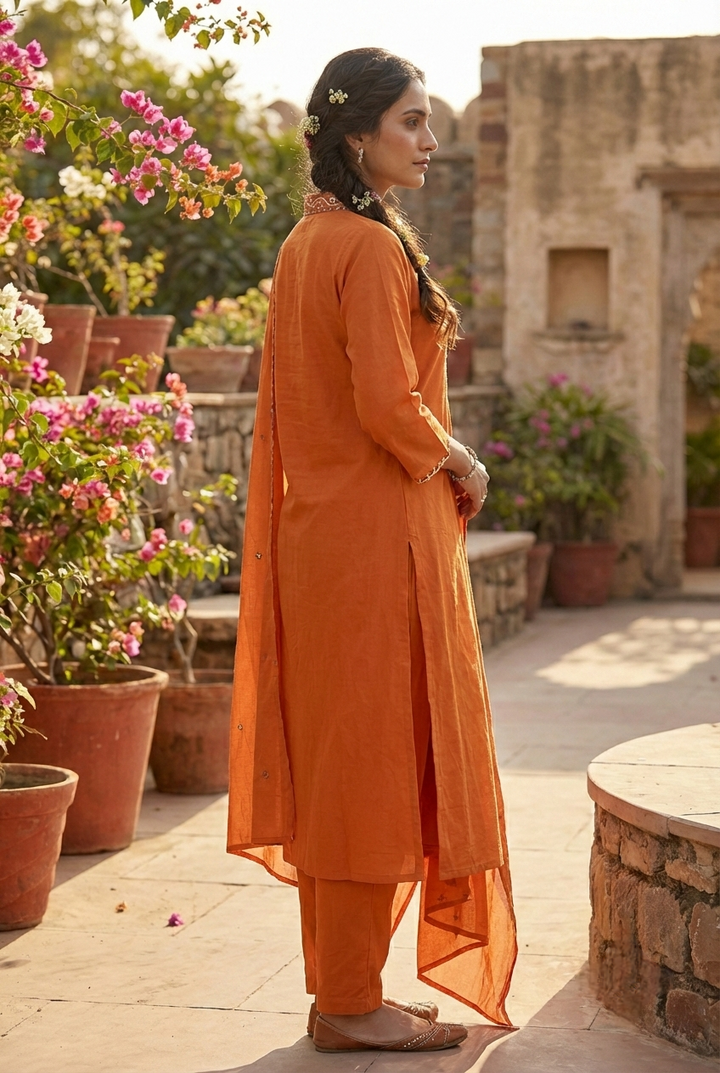 Neerus Orange cotton hand embroidered suit set - back view