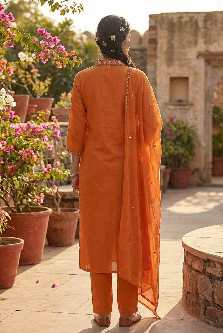 Neerus Orange cotton hand embroidered suit set - side view
