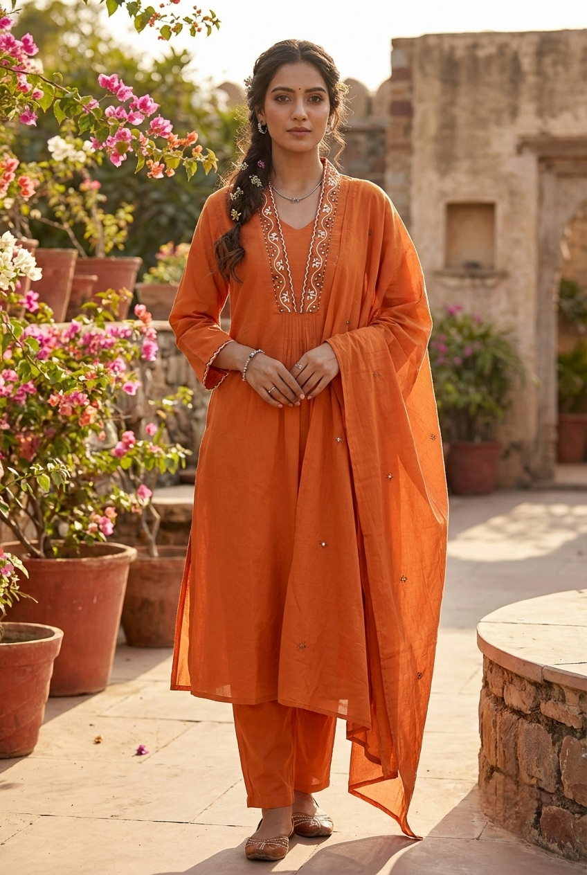 Neerus Orange cotton hand embroidered suit set - front view