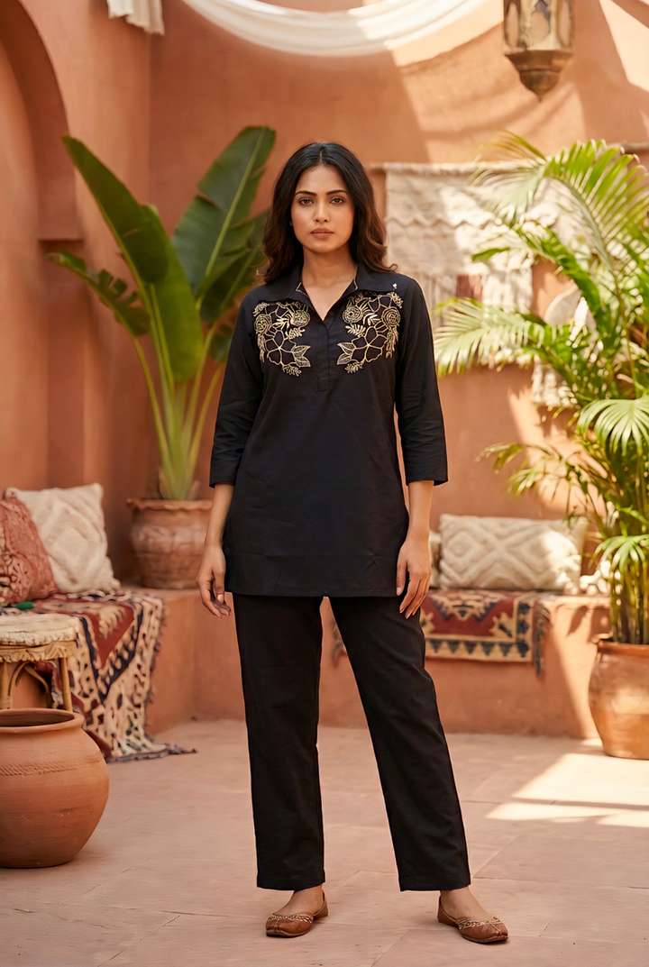 Neerus Black cotton hand embroidered co-ord set - front view