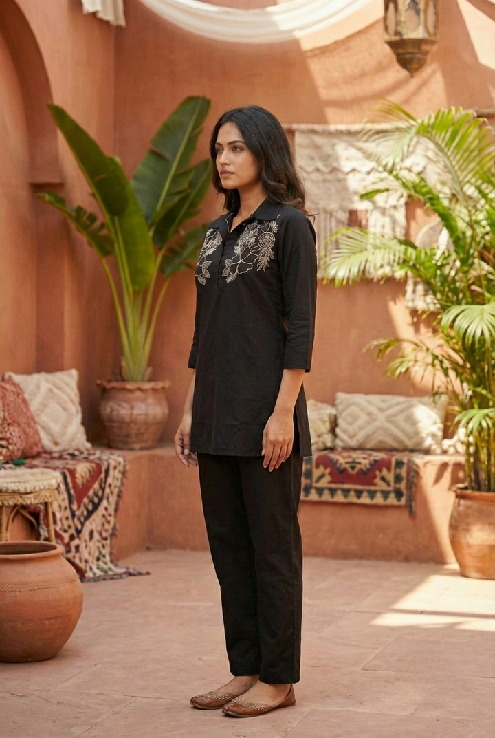 Neerus Black cotton hand embroidered co-ord set - side view