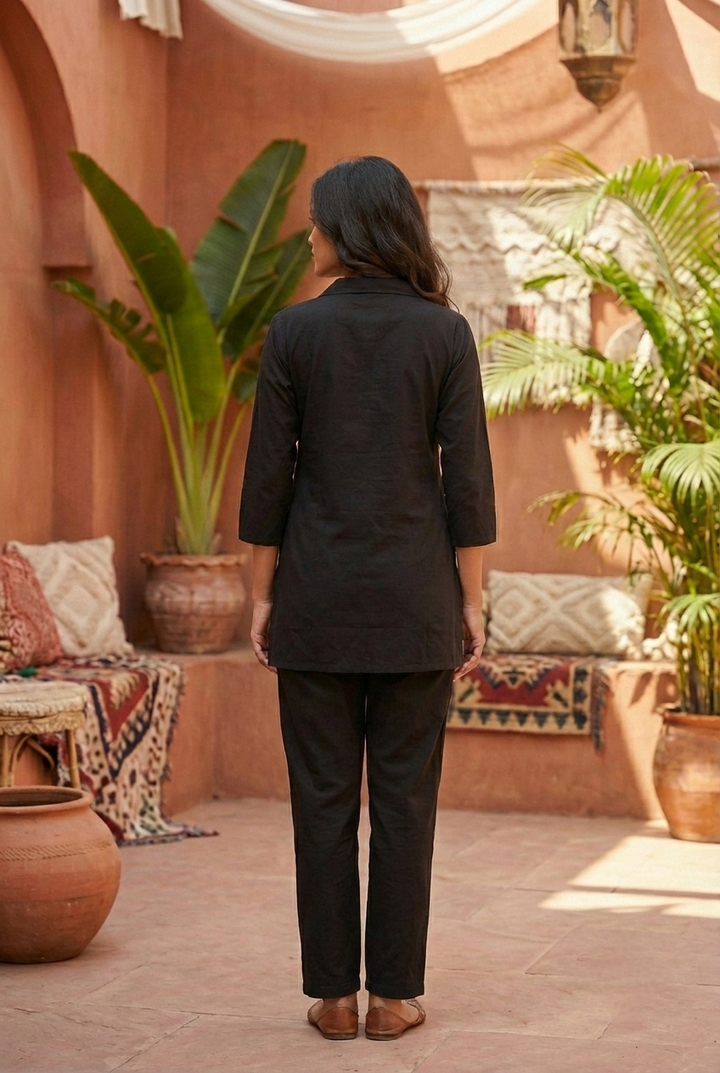 Neerus Black cotton hand embroidered co-ord set - detail view 1