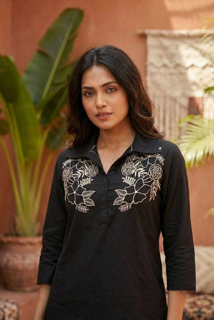 Neerus Black cotton hand embroidered co-ord set - detail view 2