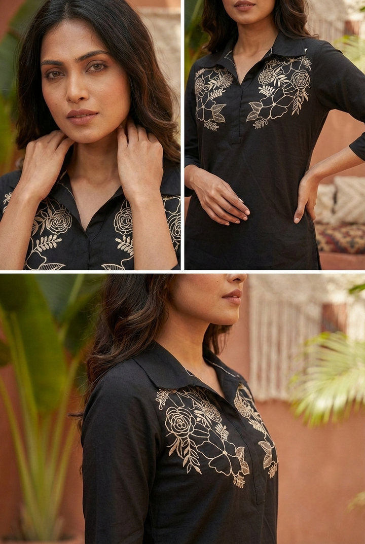 Neerus Black cotton hand embroidered co-ord set - detail view 3