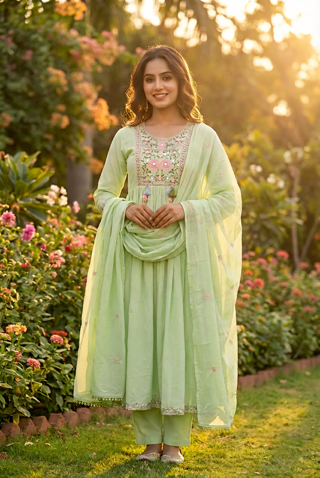 Neerus Green cotton hand embroidered suit set - front view
