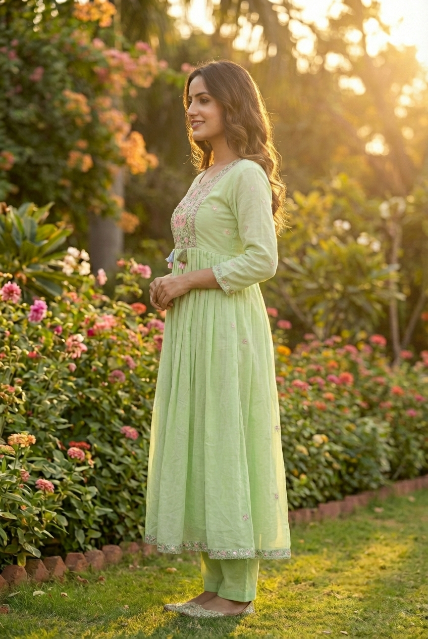 Neerus Green cotton hand embroidered suit set - side view