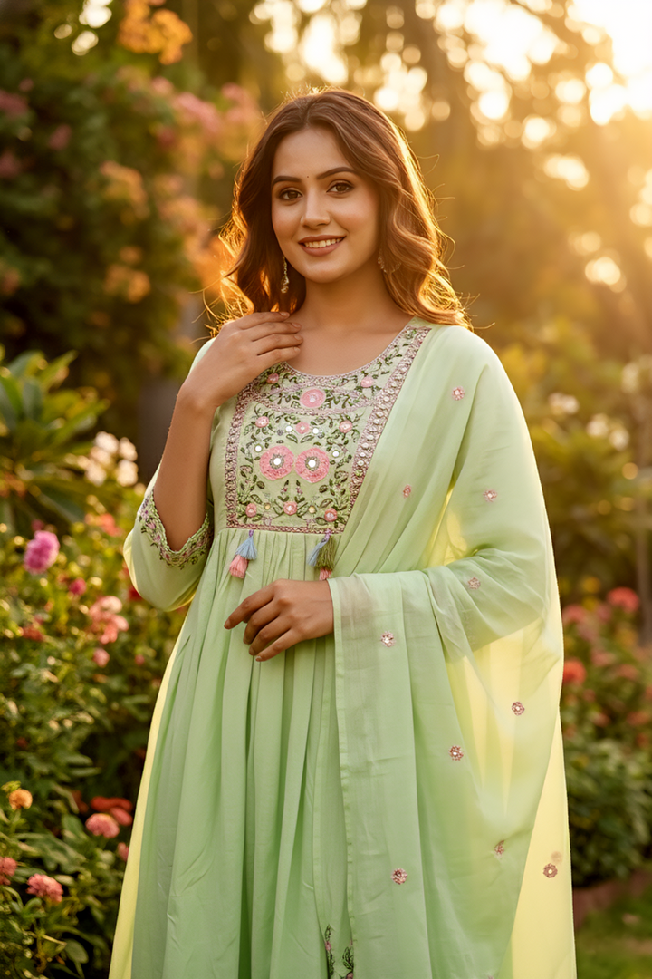 Neerus Green cotton hand embroidered suit set - detail view 1