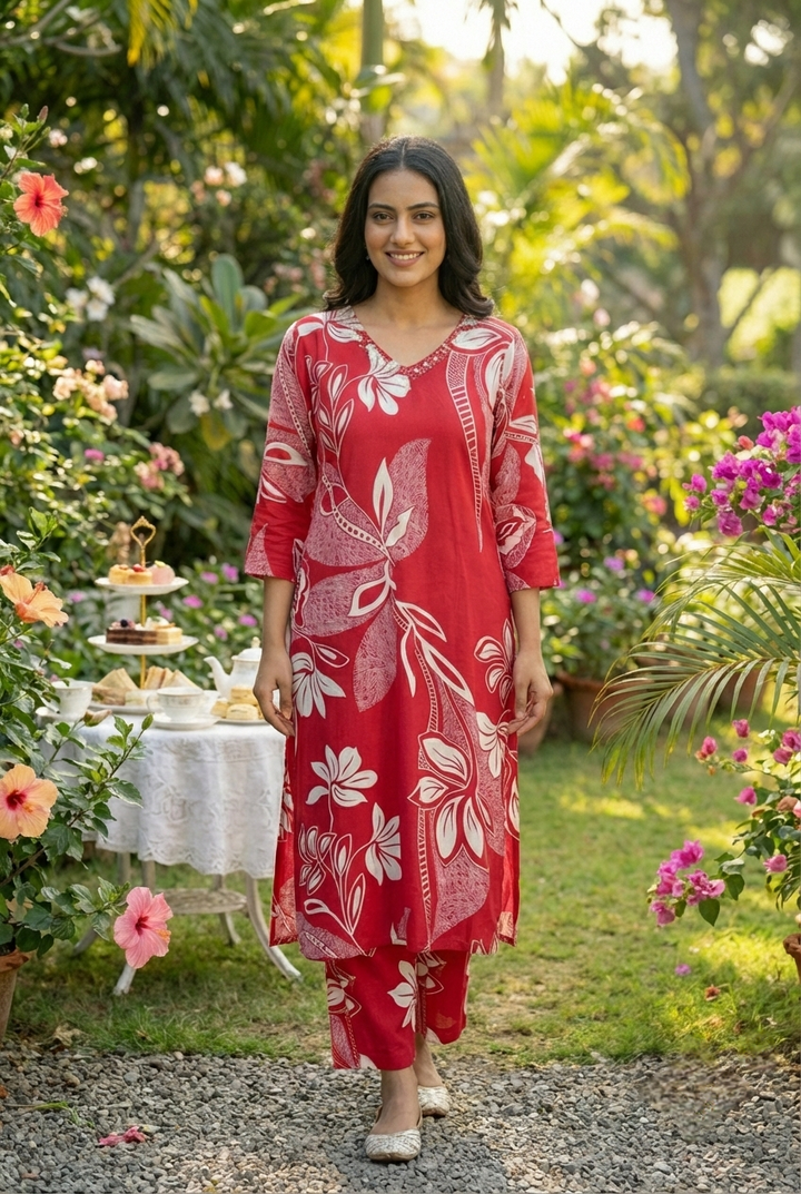 Rani Pink Rayon Floral Printed Two Piece Set