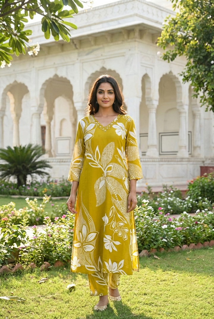 Mehadi Green Rayon Floral Printed Two Piece Set