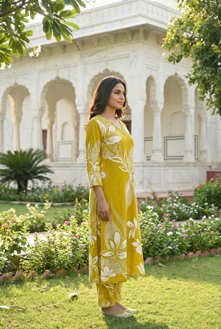 Mehadi Green Rayon Floral Printed Two Piece Set