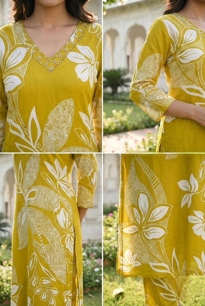 Mehadi Green Rayon Floral Printed Two Piece Set