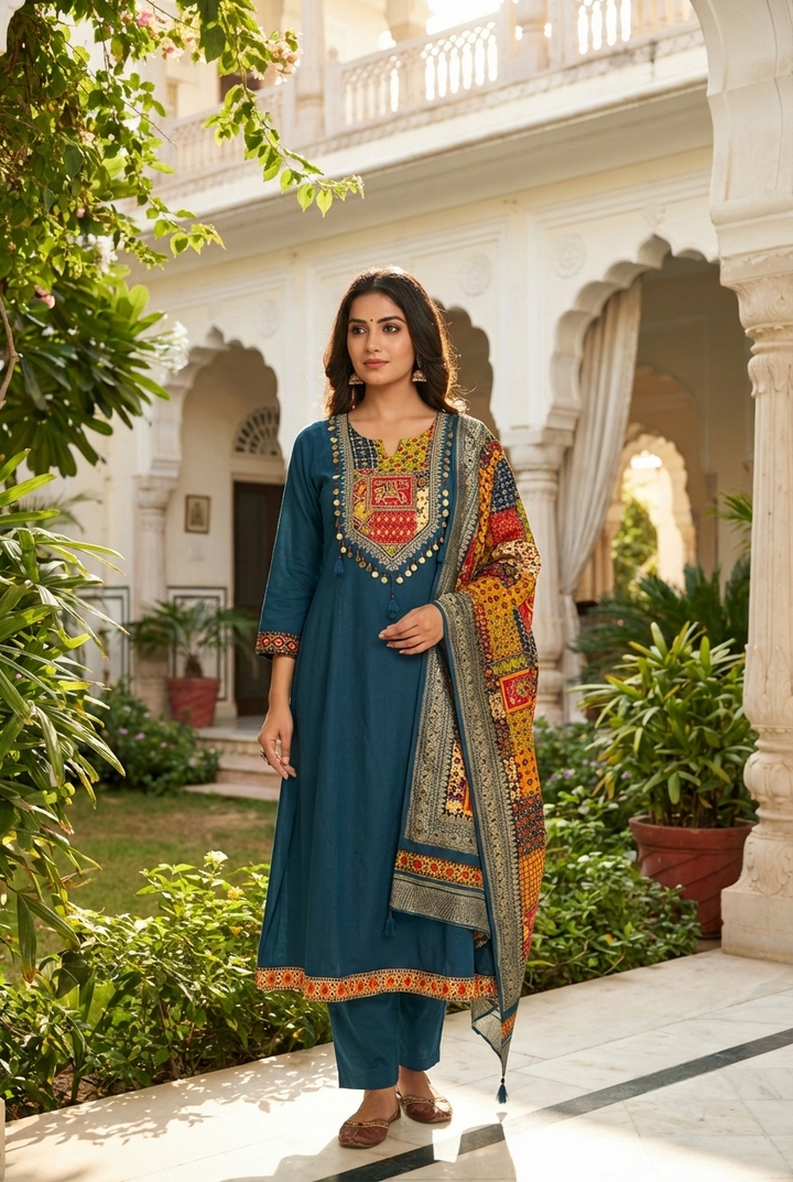 Teal Silk Printed Three Piece Set