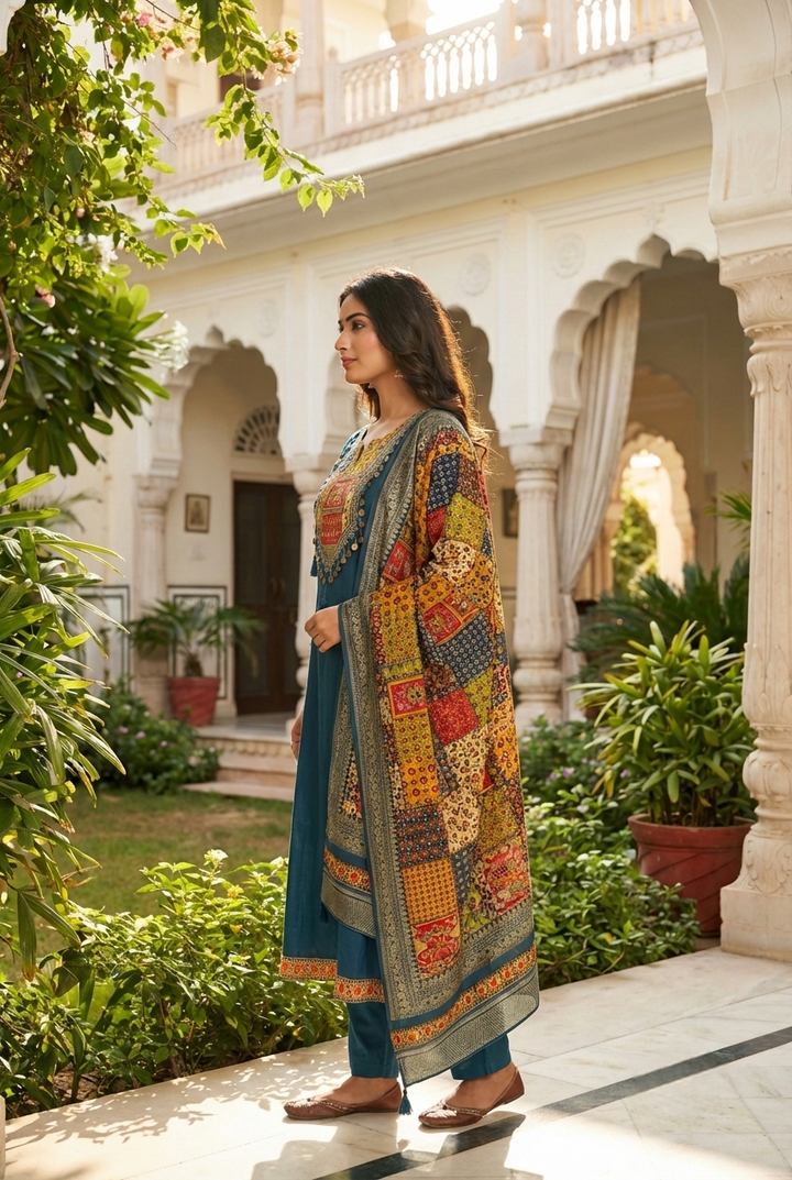 Teal Silk Printed Three Piece Set