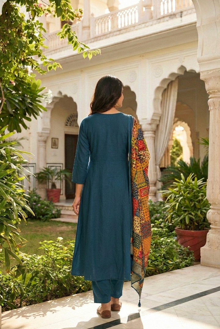 Teal Silk Printed Three Piece Set