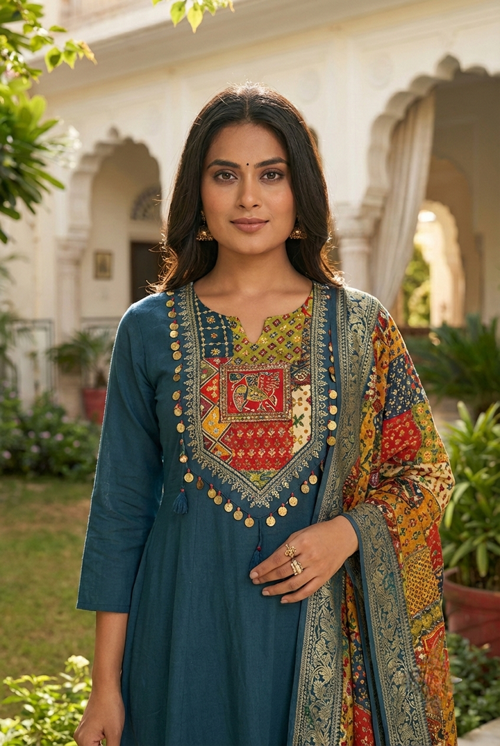 Teal Silk Printed Three Piece Set