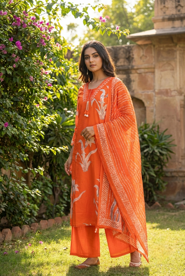 Orange Cotton Printed Three Piece Set