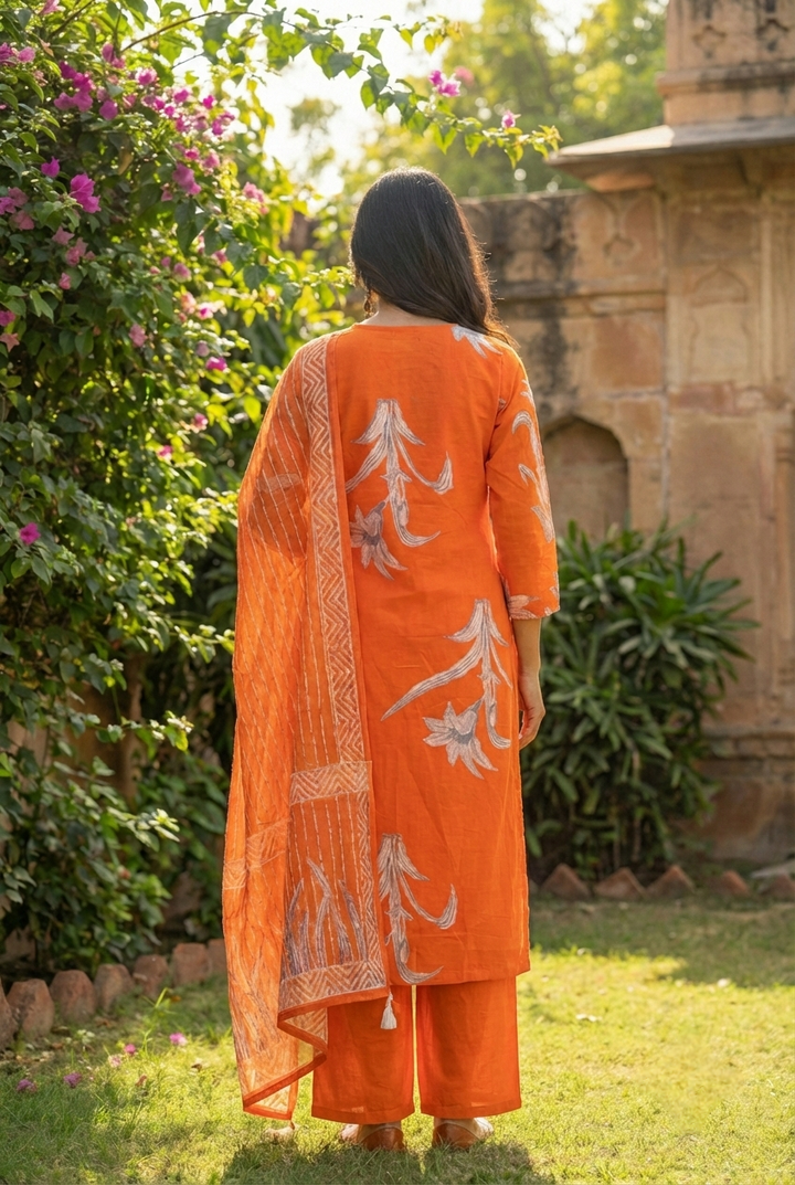 Orange Cotton Printed Three Piece Set