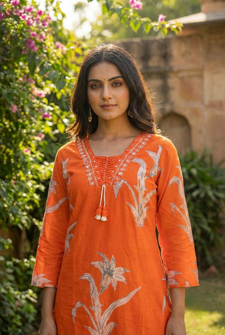 Orange Cotton Printed Three Piece Set