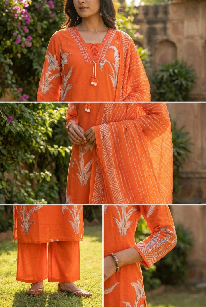 Orange Cotton Printed Three Piece Set