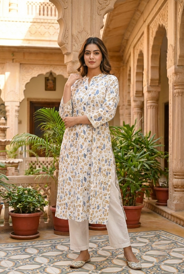 Blue Cotton Printed Two Piece Set