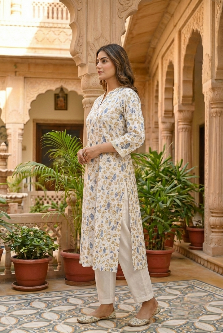 Blue Cotton Printed Two Piece Set