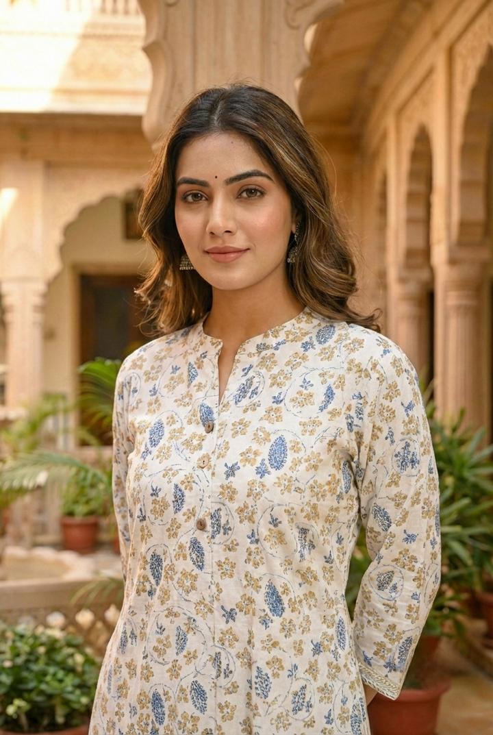 Blue Cotton Printed Two Piece Set