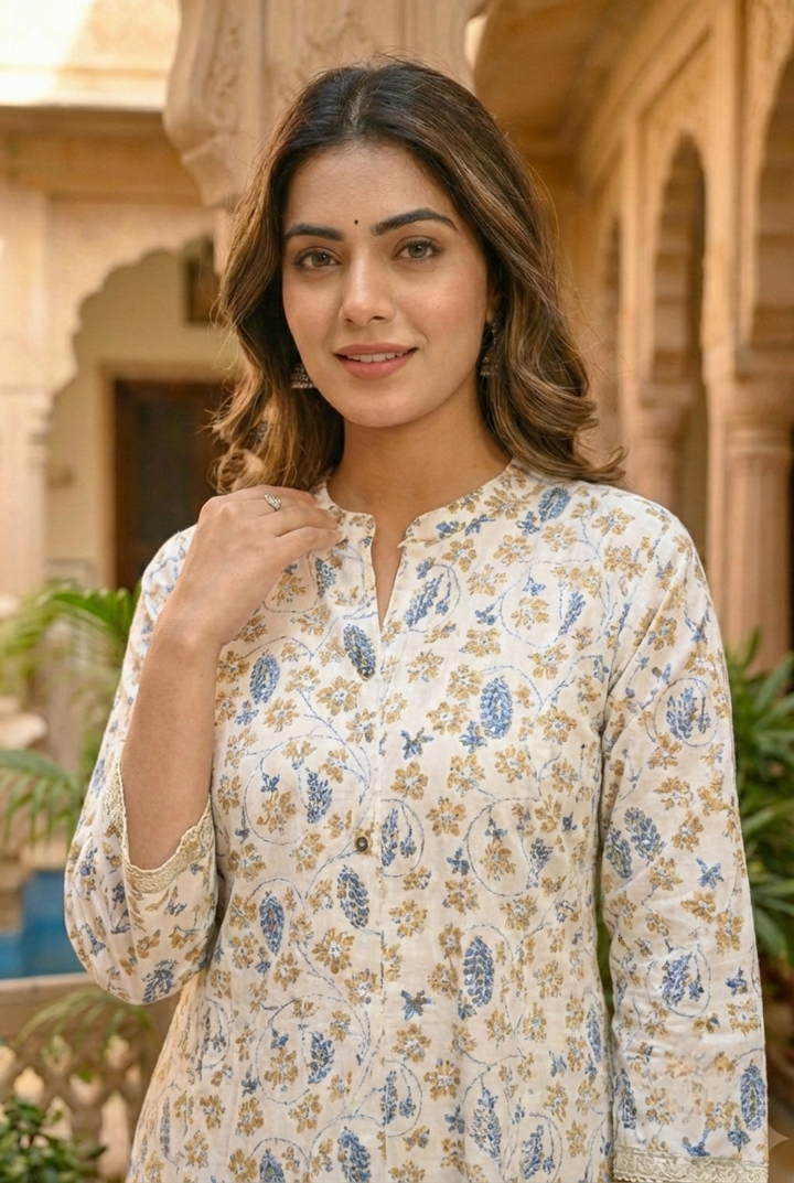 Blue Cotton Printed Two Piece Set