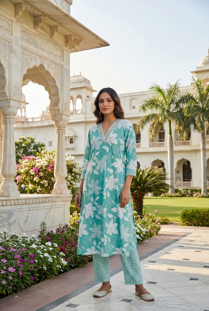 Sea Green Cotton Floral Printed Two Piece Set