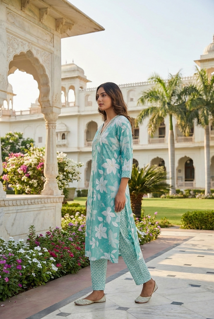 Sea Green Cotton Floral Printed Two Piece Set